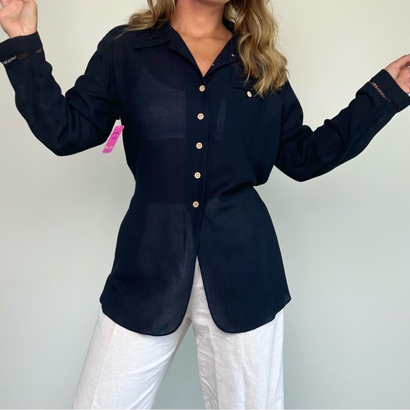Vintage Liz Claiborne Navy Semi Sheer Old Money Button Down (S) - Picture 3 of 8